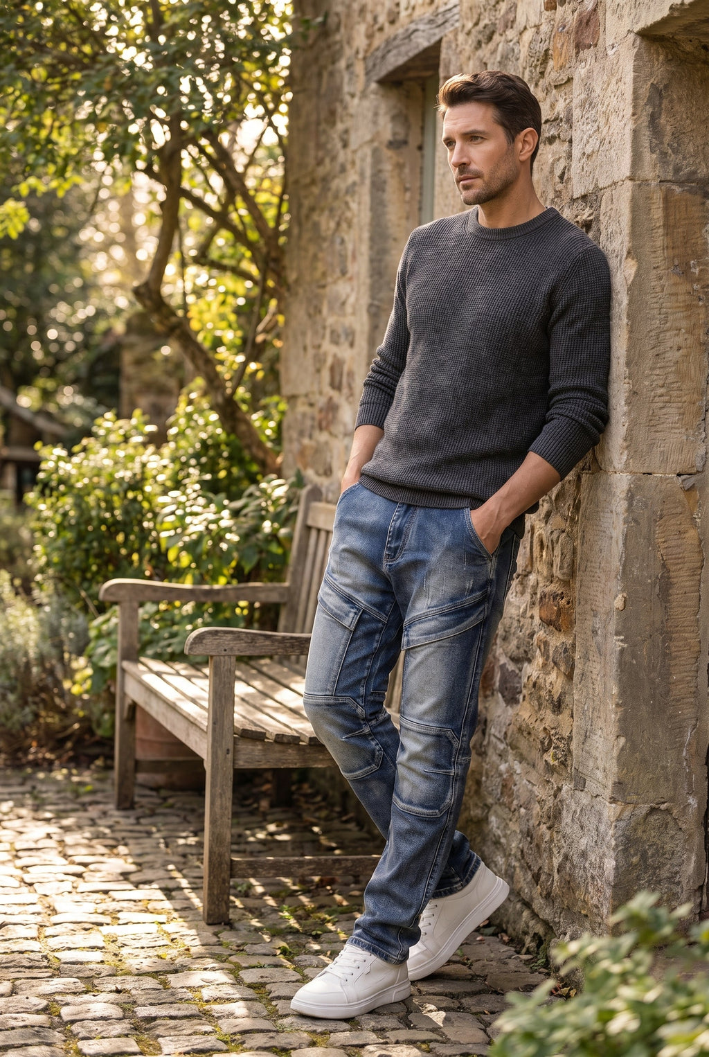 Men's Casual Straight Jeans with Panel Detail - lifestyle