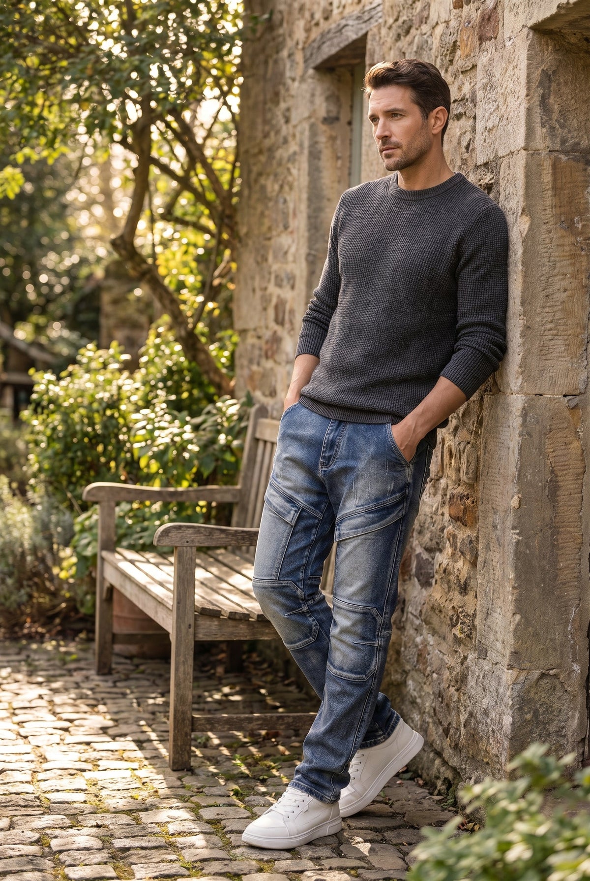Men's Casual Straight Jeans with Panel Detail - lifestyle