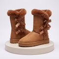Women's Cozy Winter Boots with Bow Detail - Brown