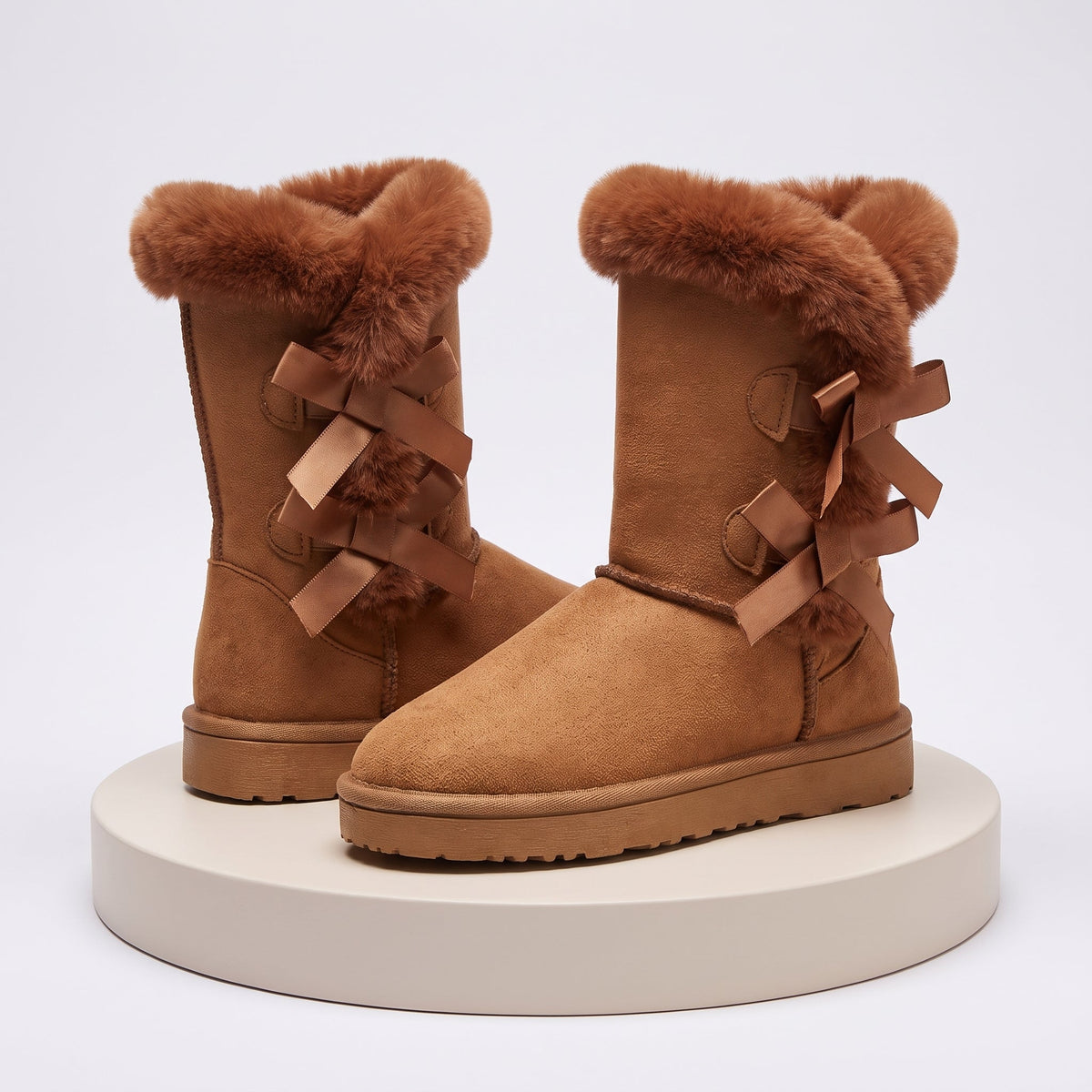 Women's Cozy Winter Boots with Bow Detail - Brown