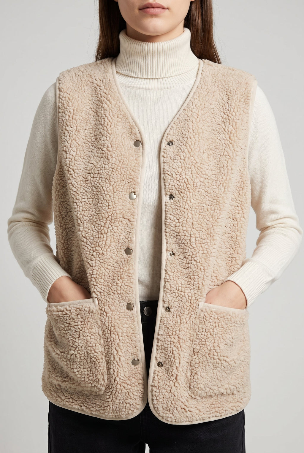 Women's Cozy Fleece Vest Jacket - Beige