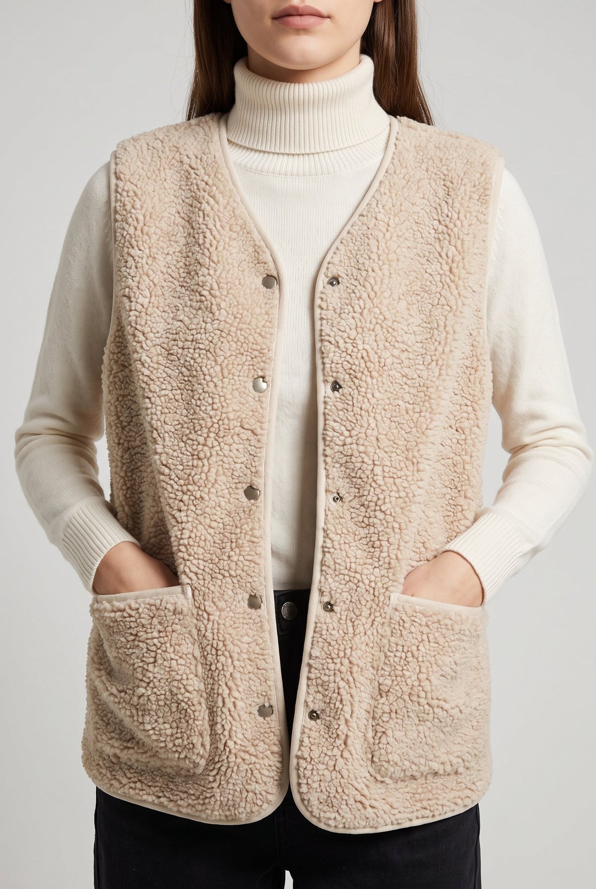 Women's Cozy Fleece Vest Jacket - Beige