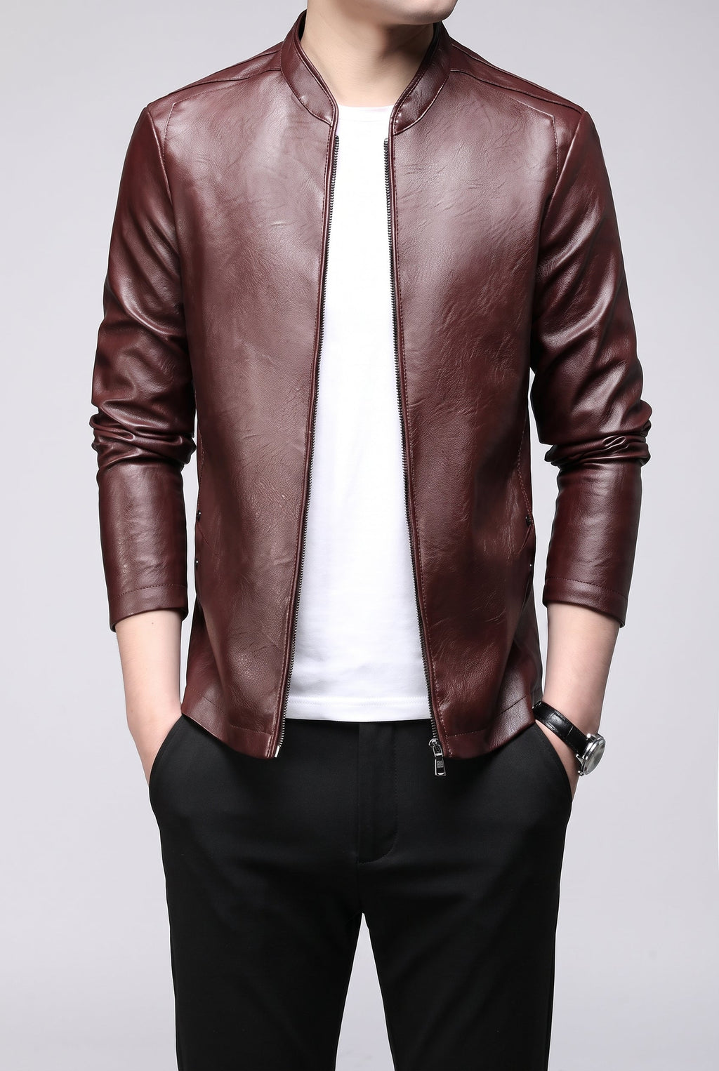 Men's Classic Faux Leather Jacket - Maroon