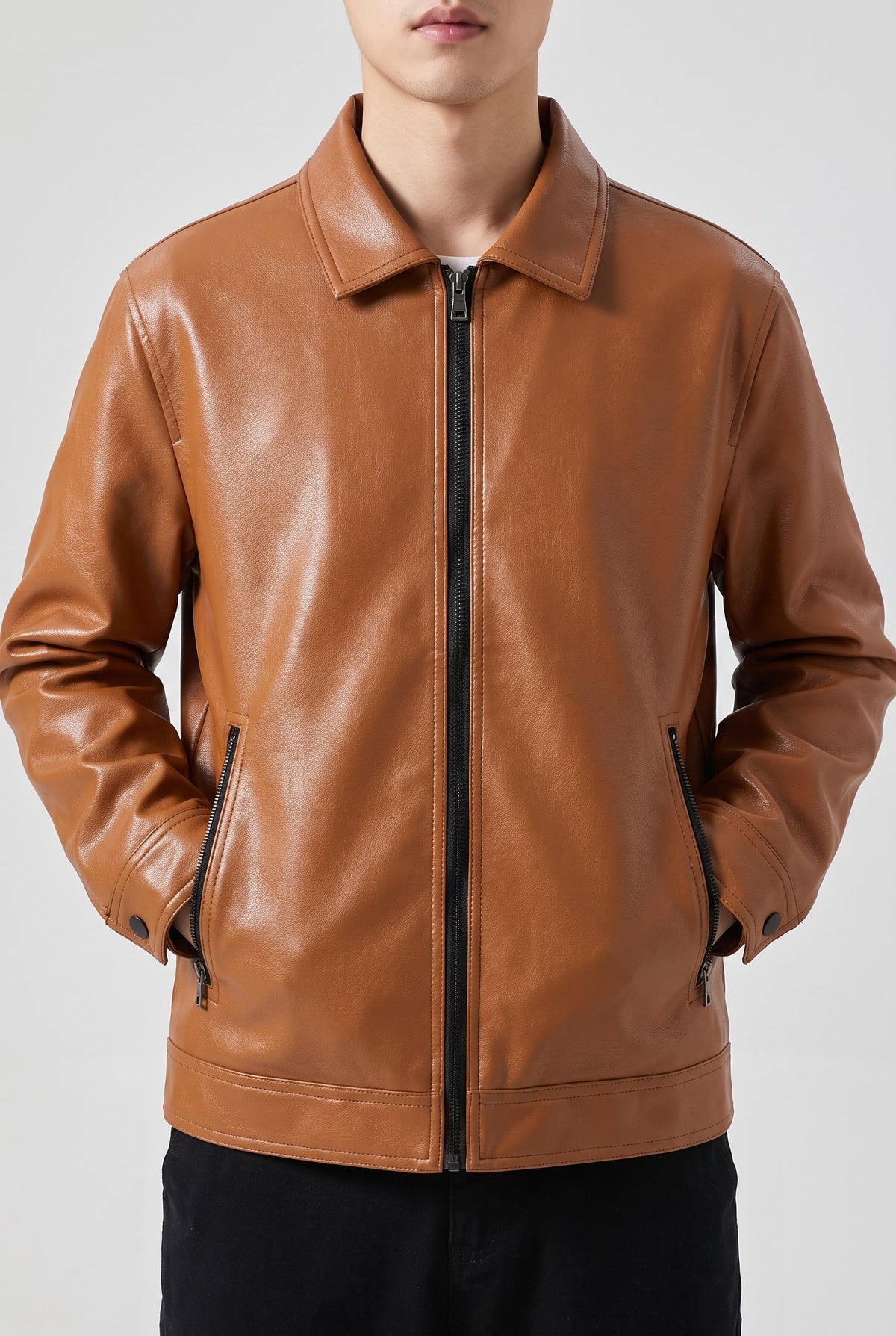 Men's Classic Faux Leather Jacket - Brown