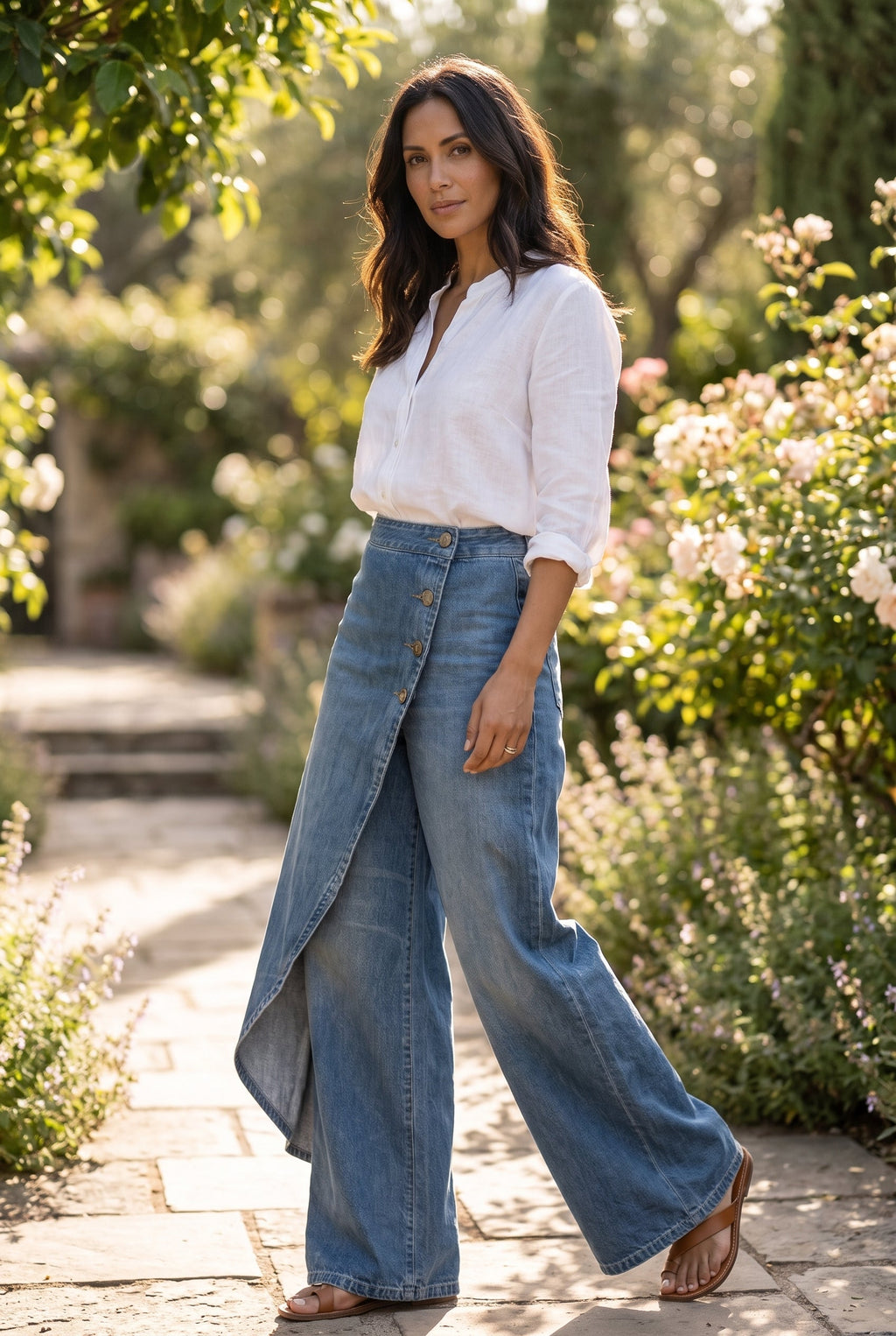 Women's Wide Leg Denim Pants with Asymmetric Wrap - lifestyle