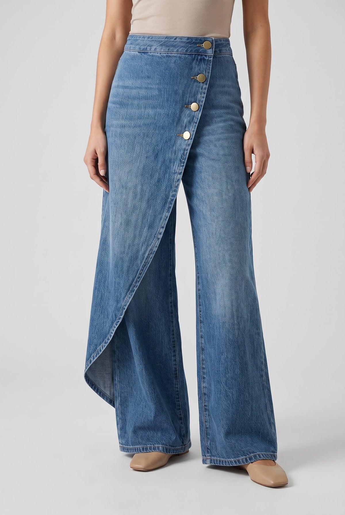 Women's Wide Leg Denim Pants with Asymmetric Wrap - Light Blue