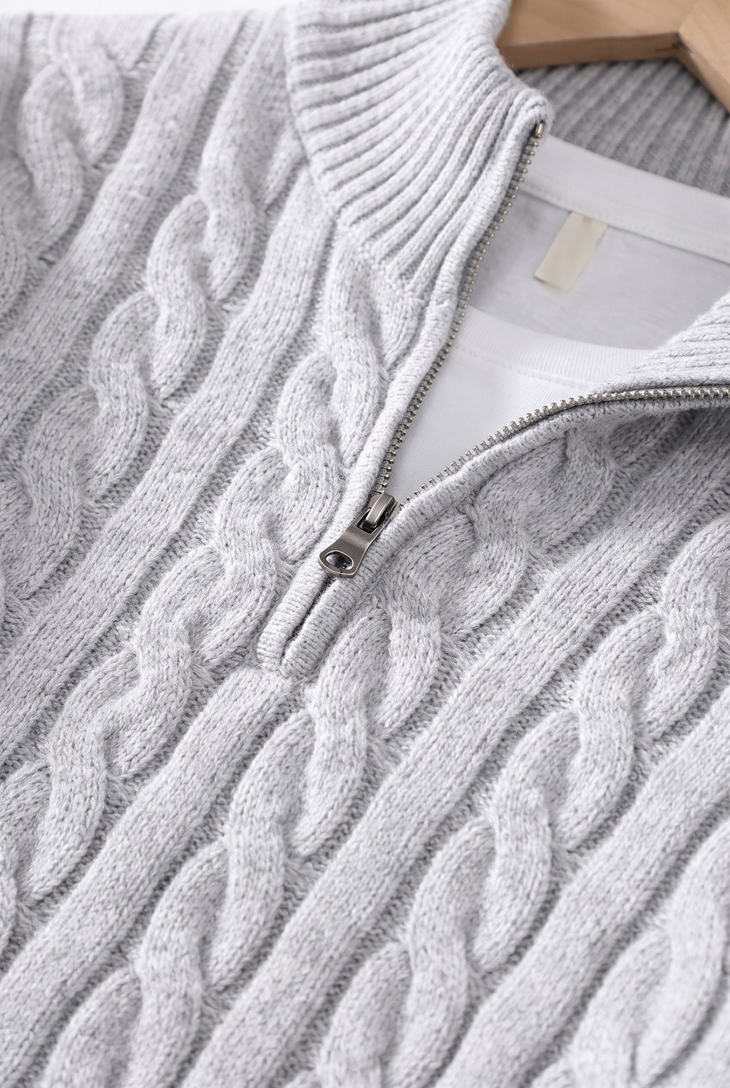 Men's Classic Cable Knit Quarter Zip Sweater - detail closeup
