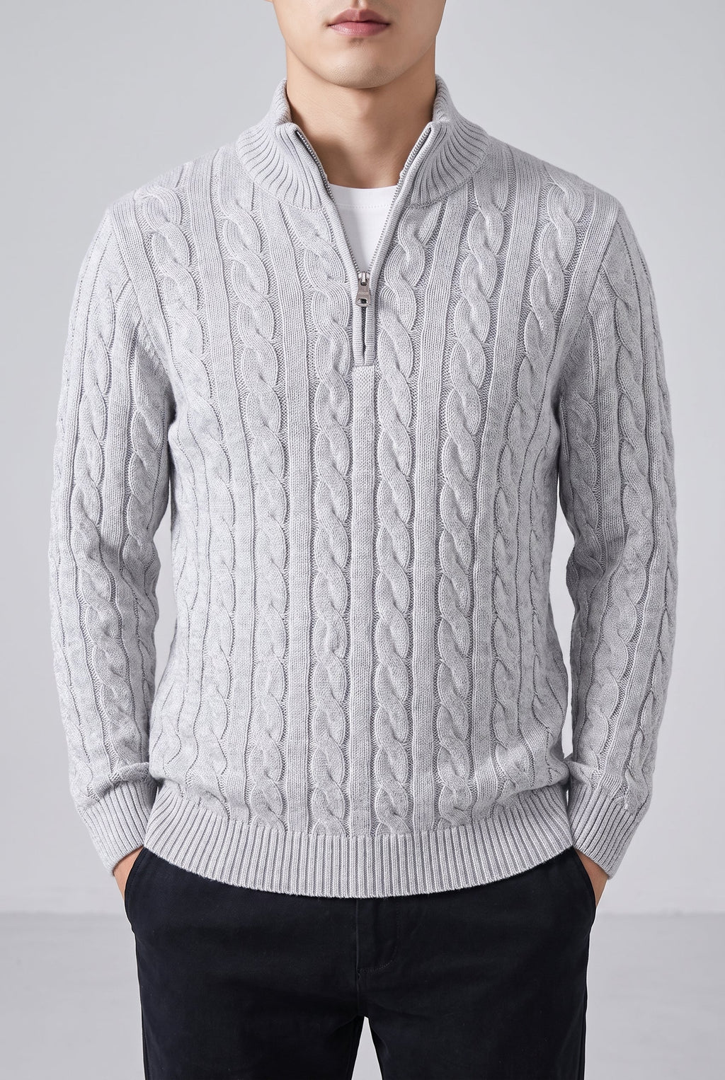 Men's Classic Cable Knit Quarter Zip Sweater - Grey