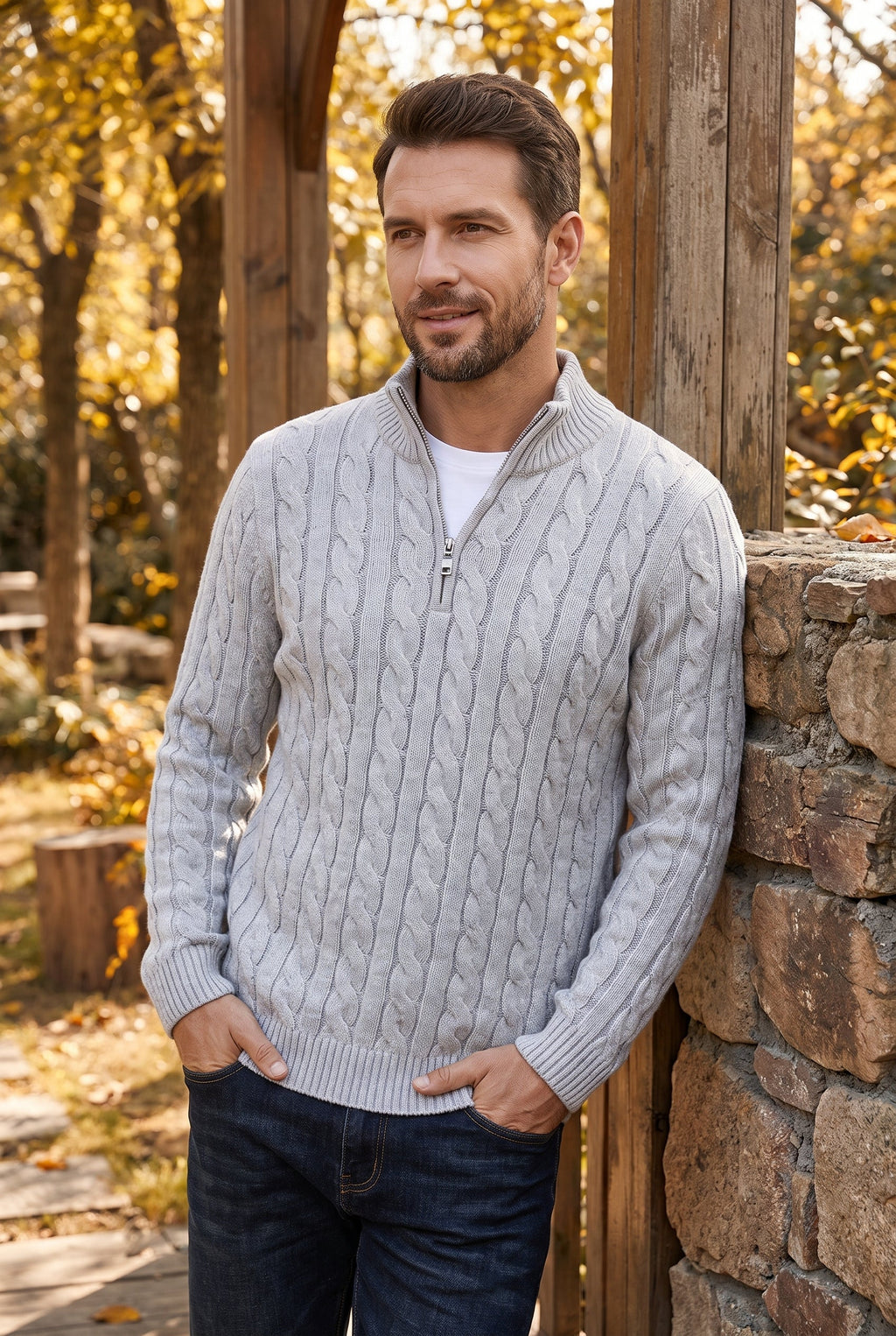 Men's Classic Cable Knit Quarter Zip Sweater - lifestyle