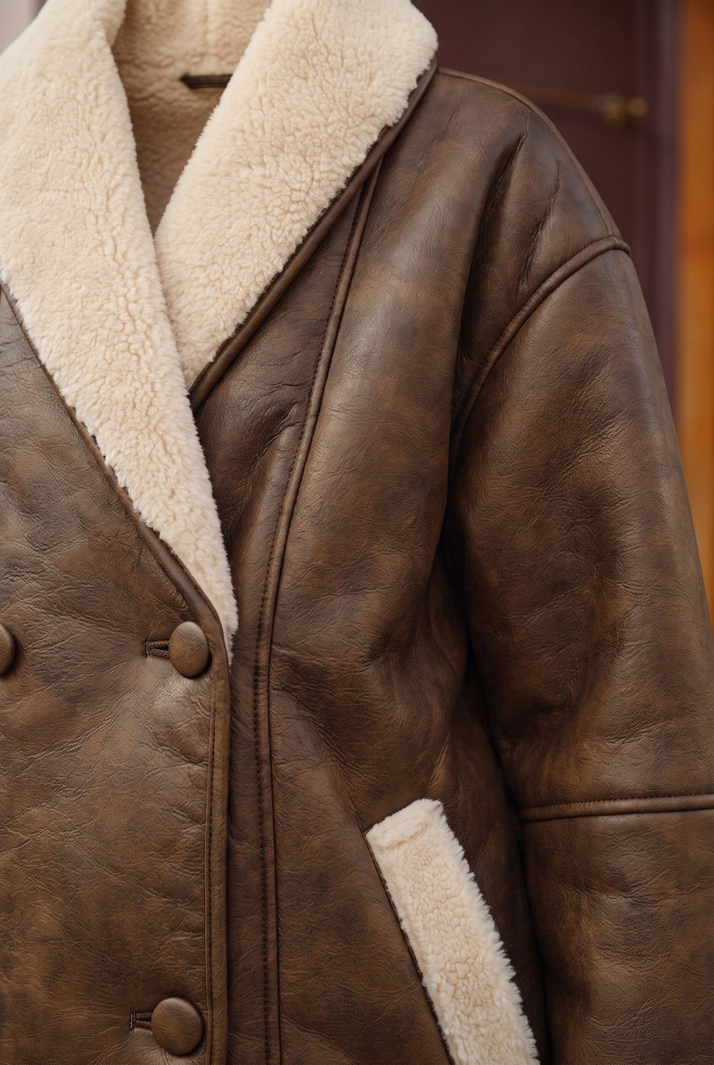Women's Chic Fleece-Lined Leather Jacket - detail closeup