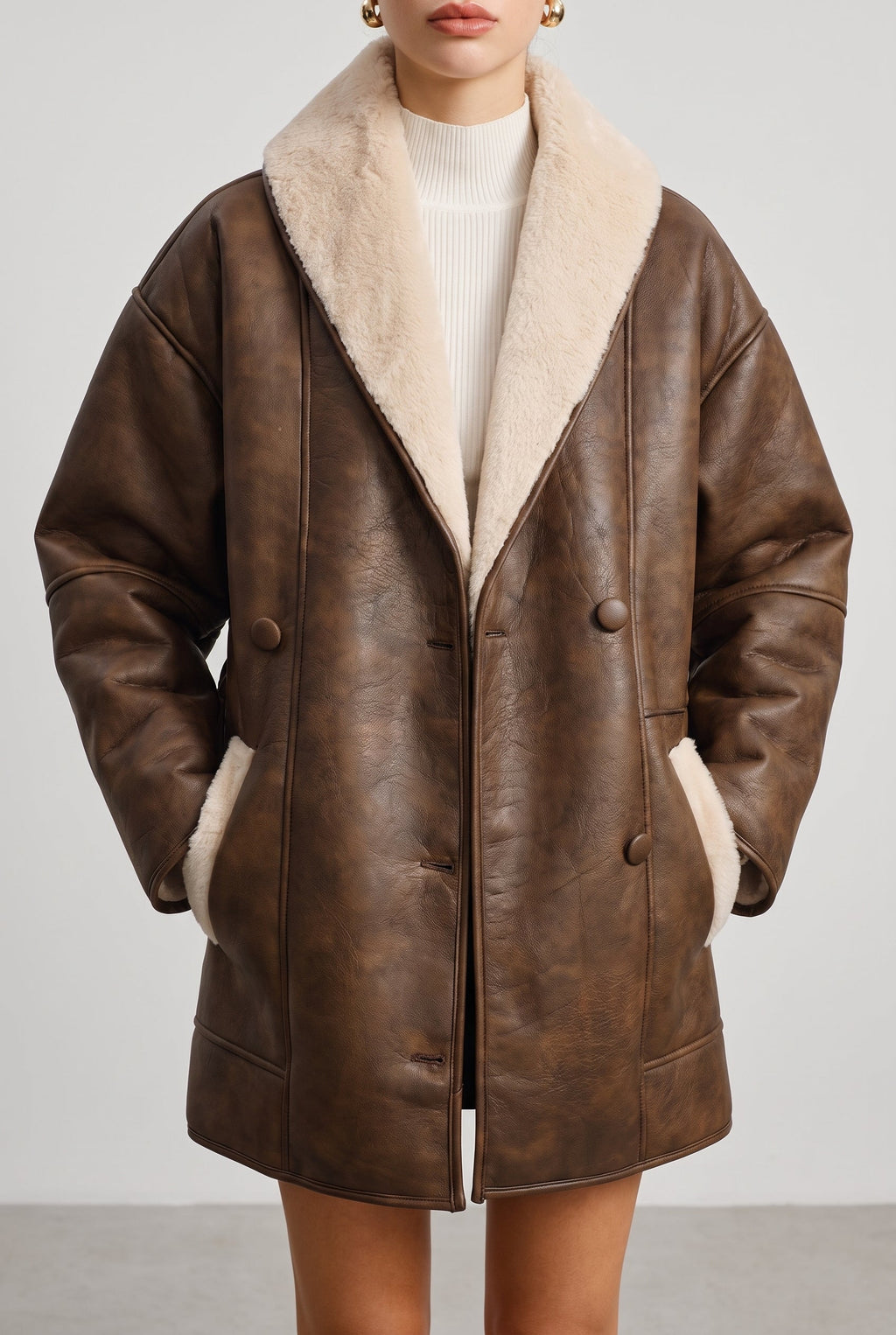 Women's Chic Fleece-Lined Leather Jacket - Dark Brown
