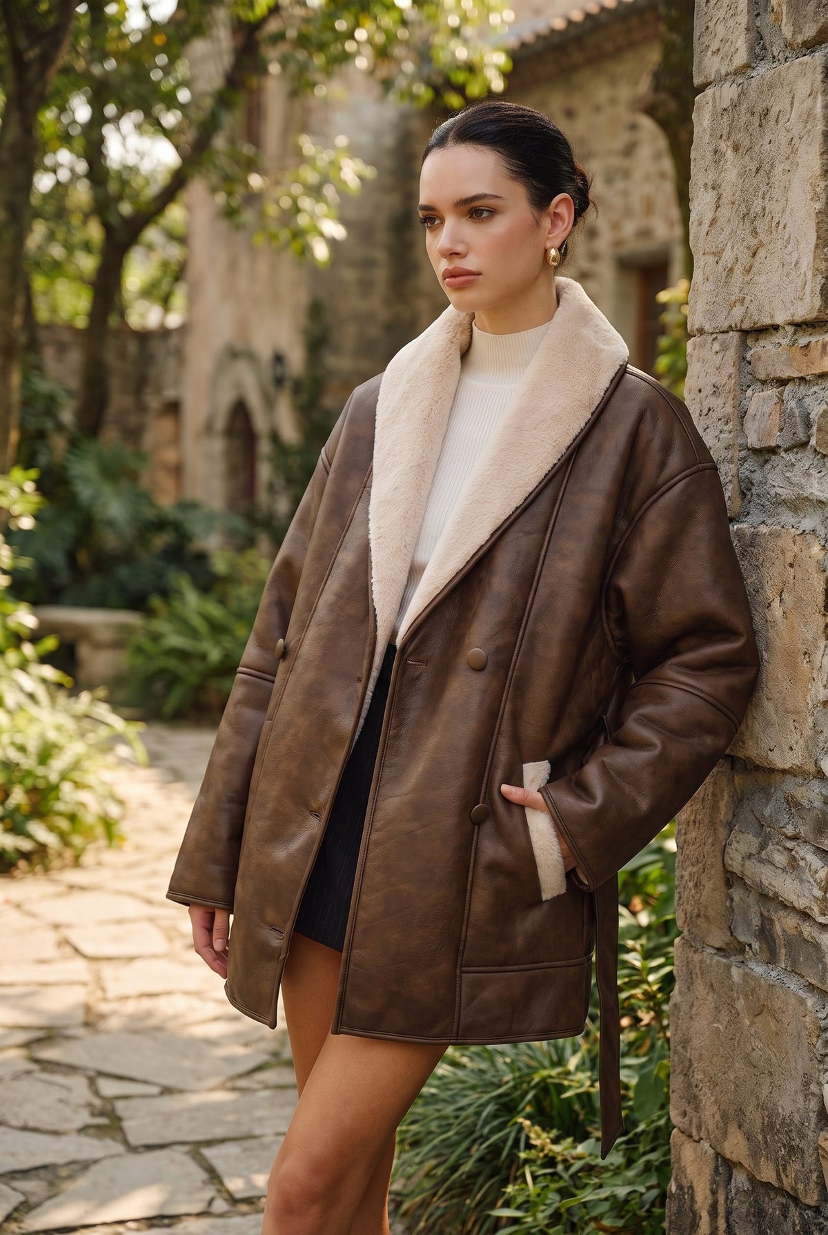 Women's Chic Fleece-Lined Leather Jacket - lifestyle